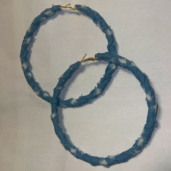 Handmade large denim hoop earrings on gold hoop these are large are 3 in width - Picture 2 of 3